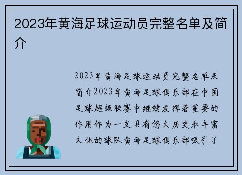 2023年黄海足球运动员完整名单及简介